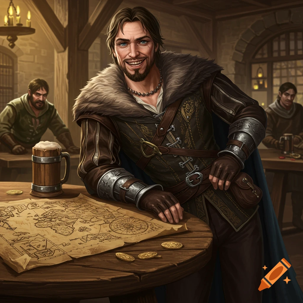 A smiling man in medieval attire leans on a tavern table with a map and coins.