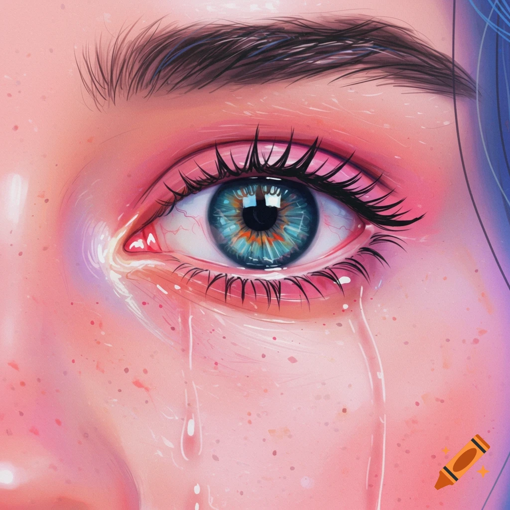 Close-up of a blue eye crying with visible tears.