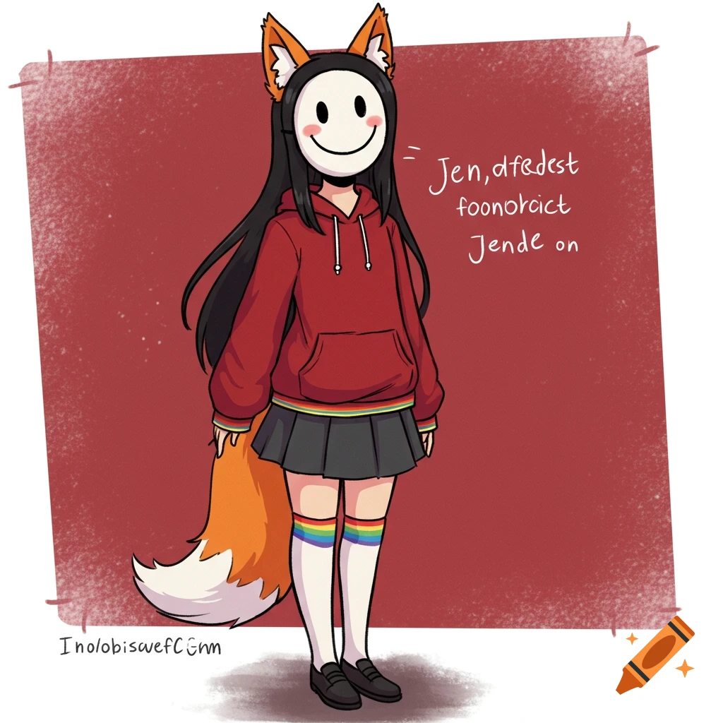 Illustration of an anime girl in a fox mask, red hoodie, dark skirt, and rainbow socks.