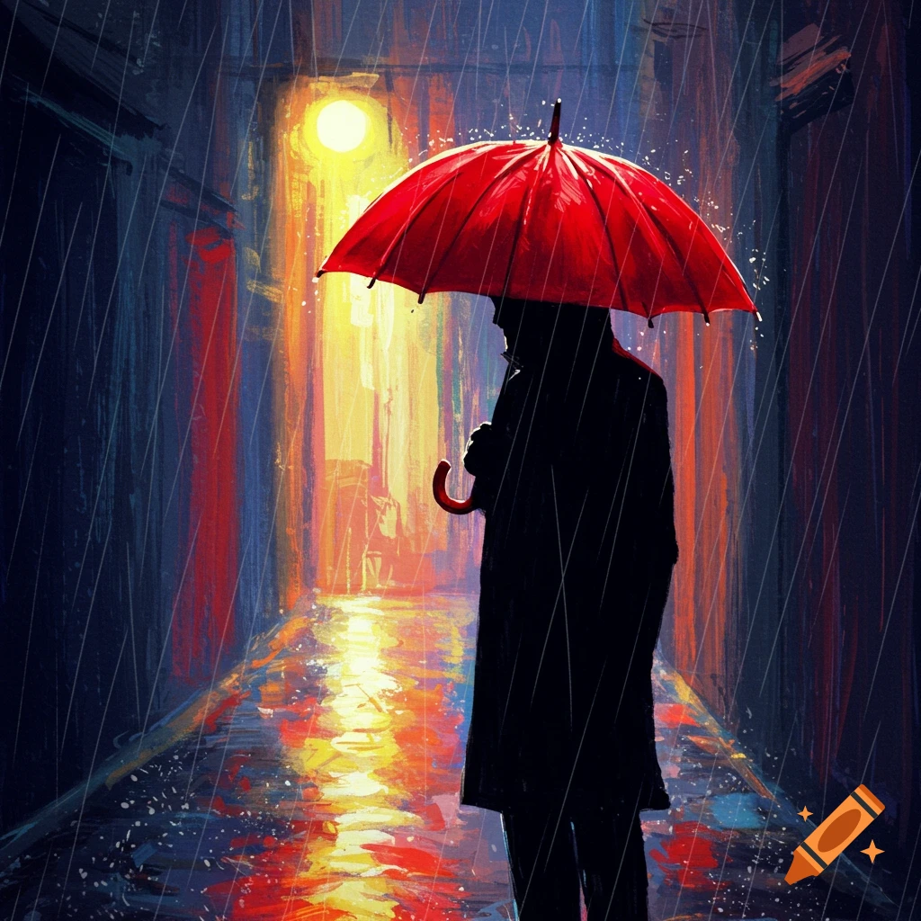 Silhouette of a person with a red umbrella standing in a rainy city street at night.