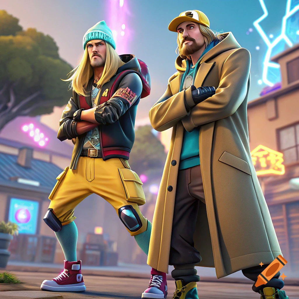 Two stylized cartoon men in colorful, tactical outfits stand in an urban setting.