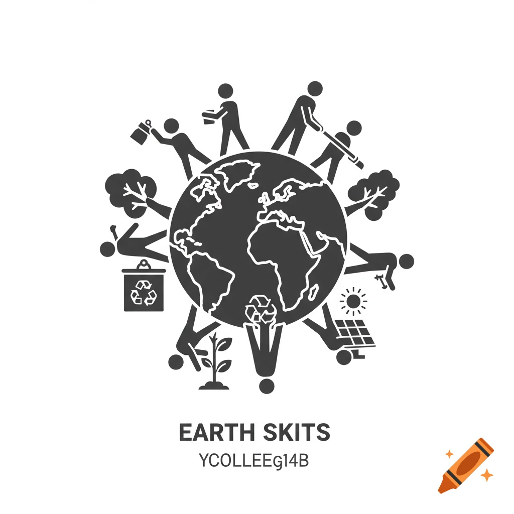 Simple black and white icon of the Earth surrounded by stick figures engaged in environmental actions like recycling, planting, and cleaning.