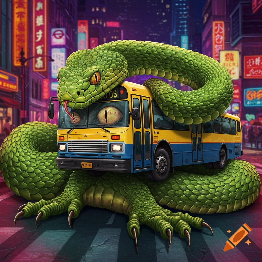 A giant green snake coiled around a bus on a city street at night.