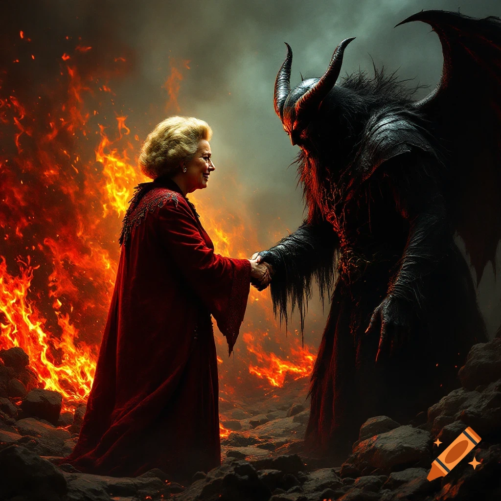 Margaret Thatcher shakes hands with Satan in a fiery hell landscape.