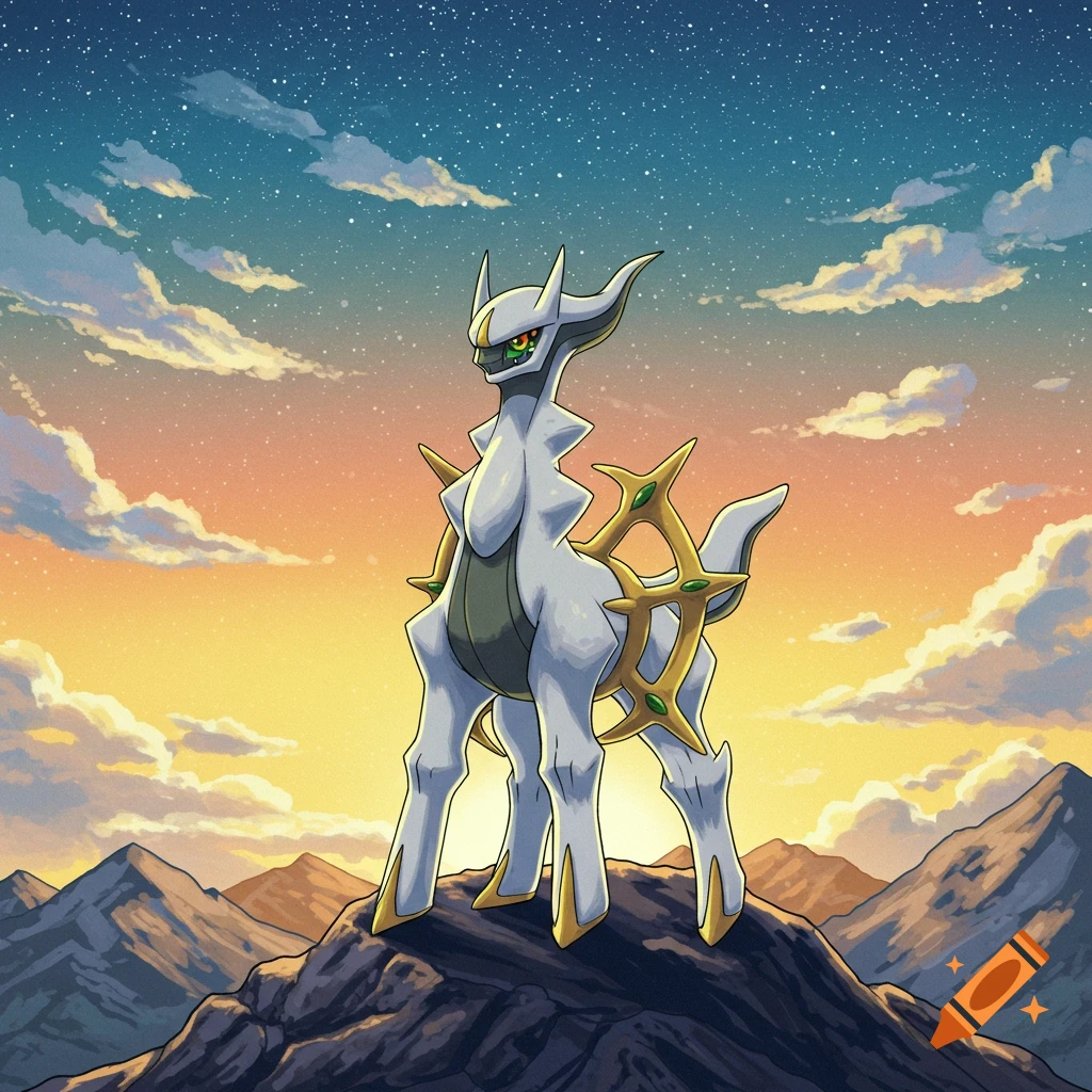 Arceus on a mountain at sunset