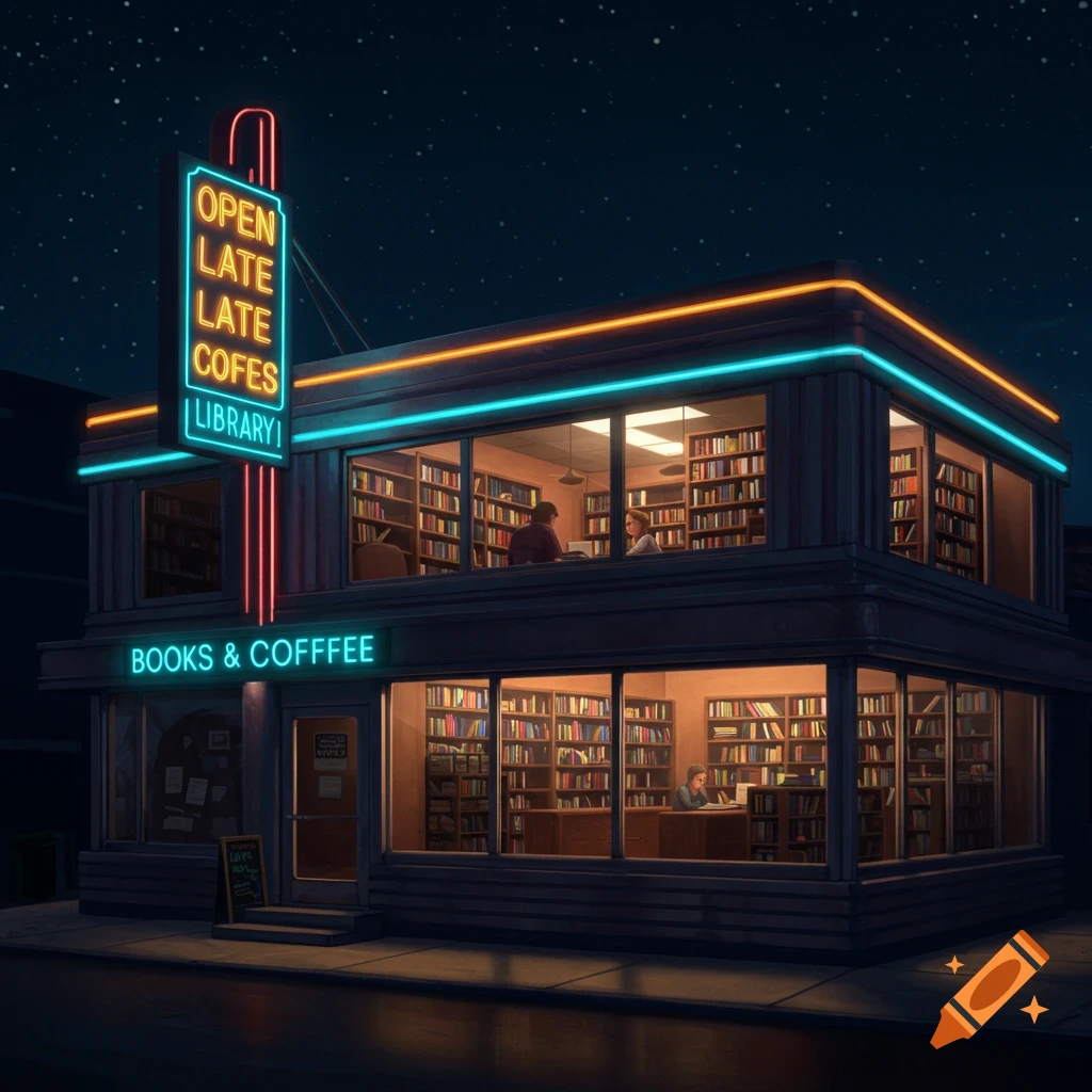 A library and cafe building at night with neon signs.