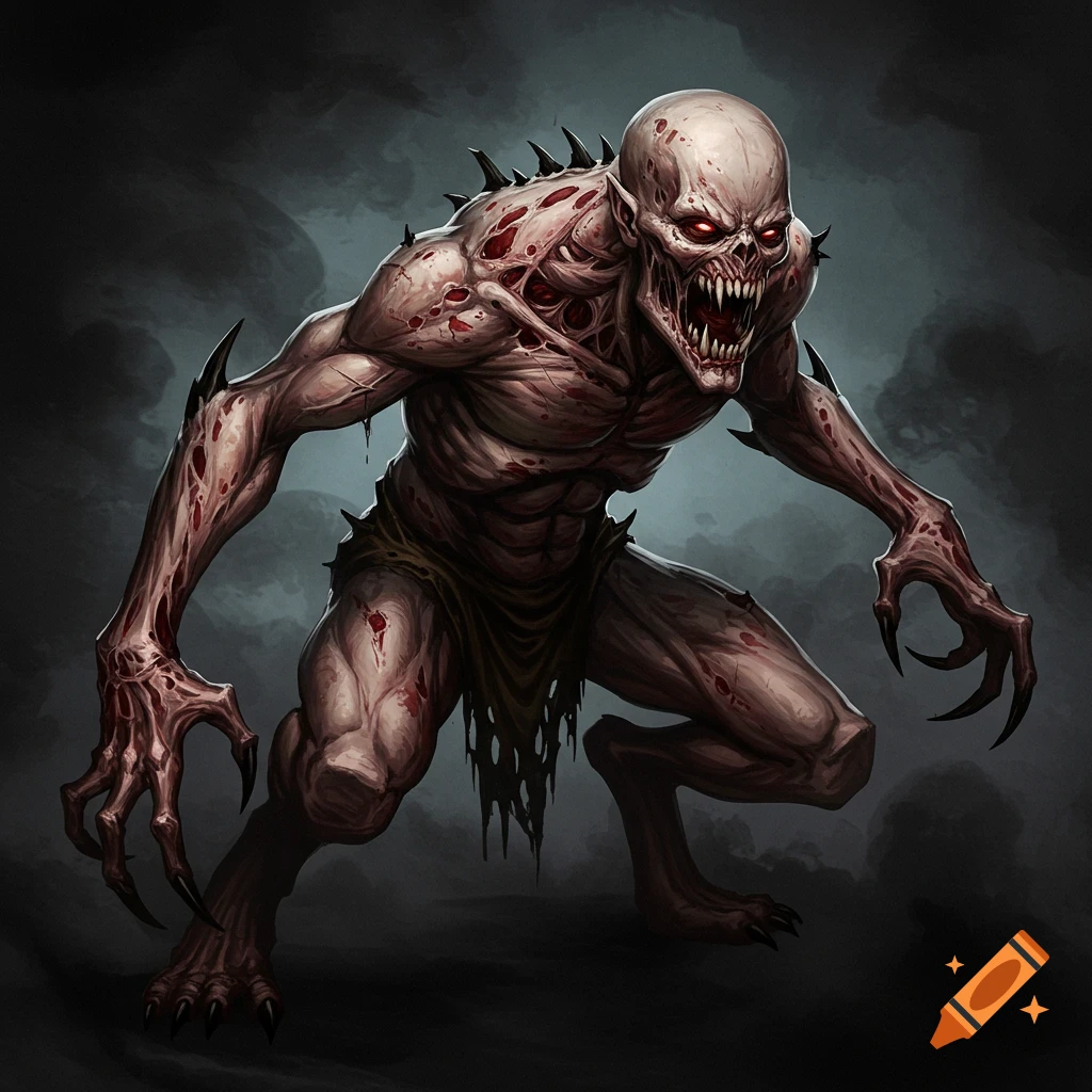 A scary, emaciated monster with red eyes and sharp claws is crouching.