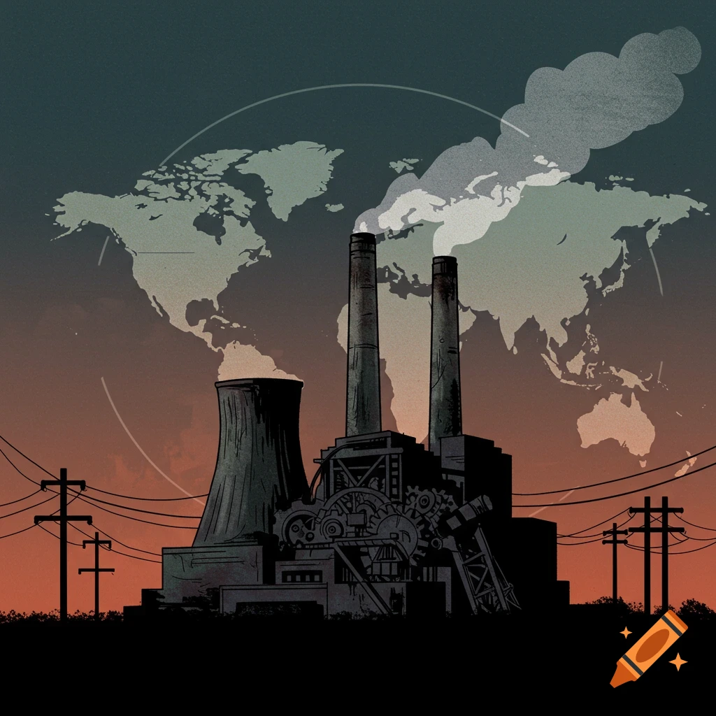 Illustration of a factory with smoking chimneys and a cooling tower in front of a stylized world map, with electrical lines in the foreground.