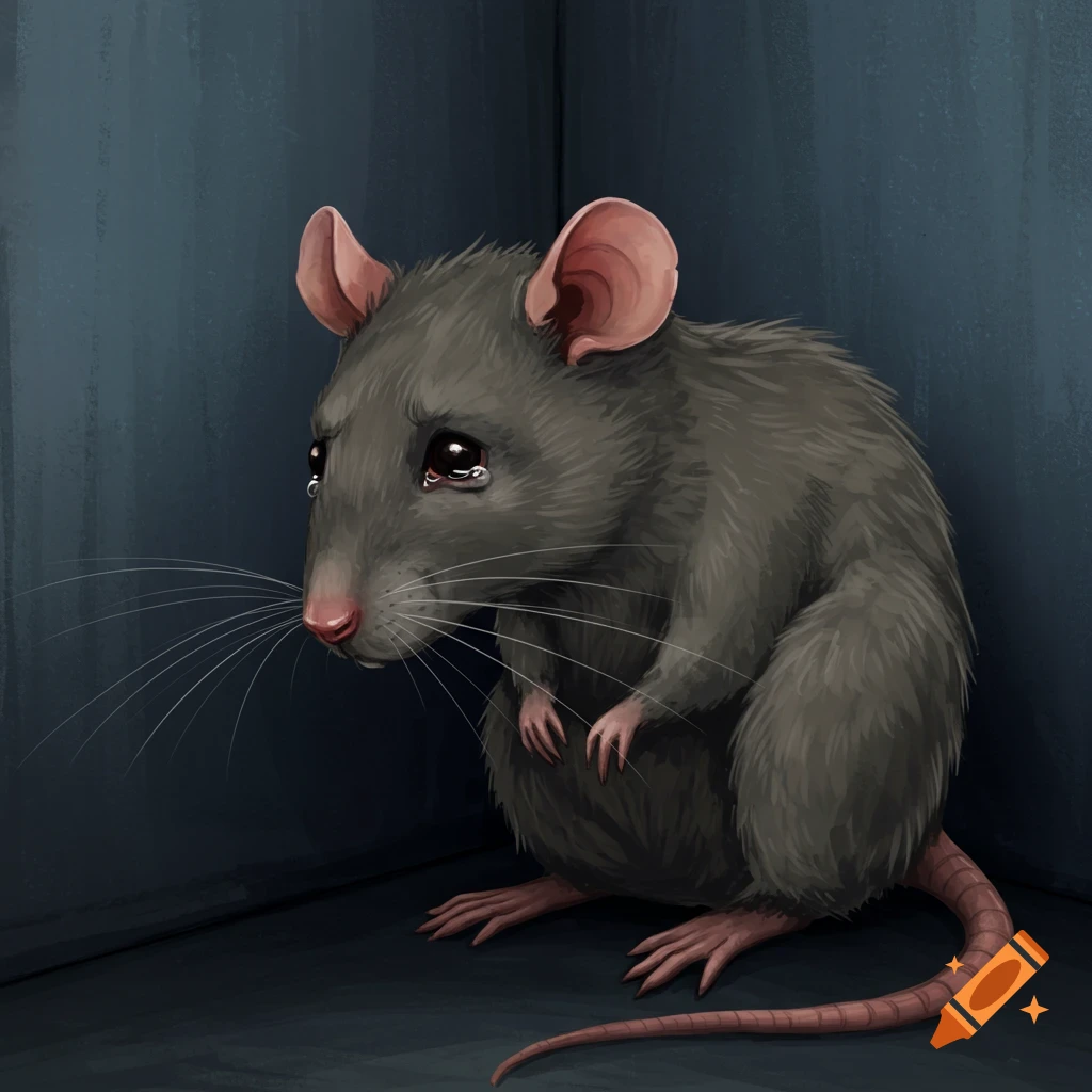 A sad rat sits alone in the corner.