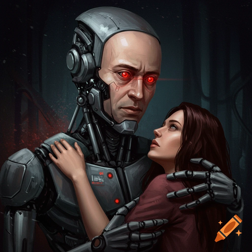 A robot with a human face and red eyes holds a woman in a dark, ominous setting.