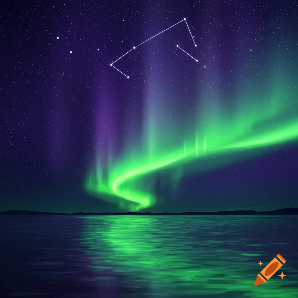 Green and purple aurora borealis over calm water with a constellation in the night sky.