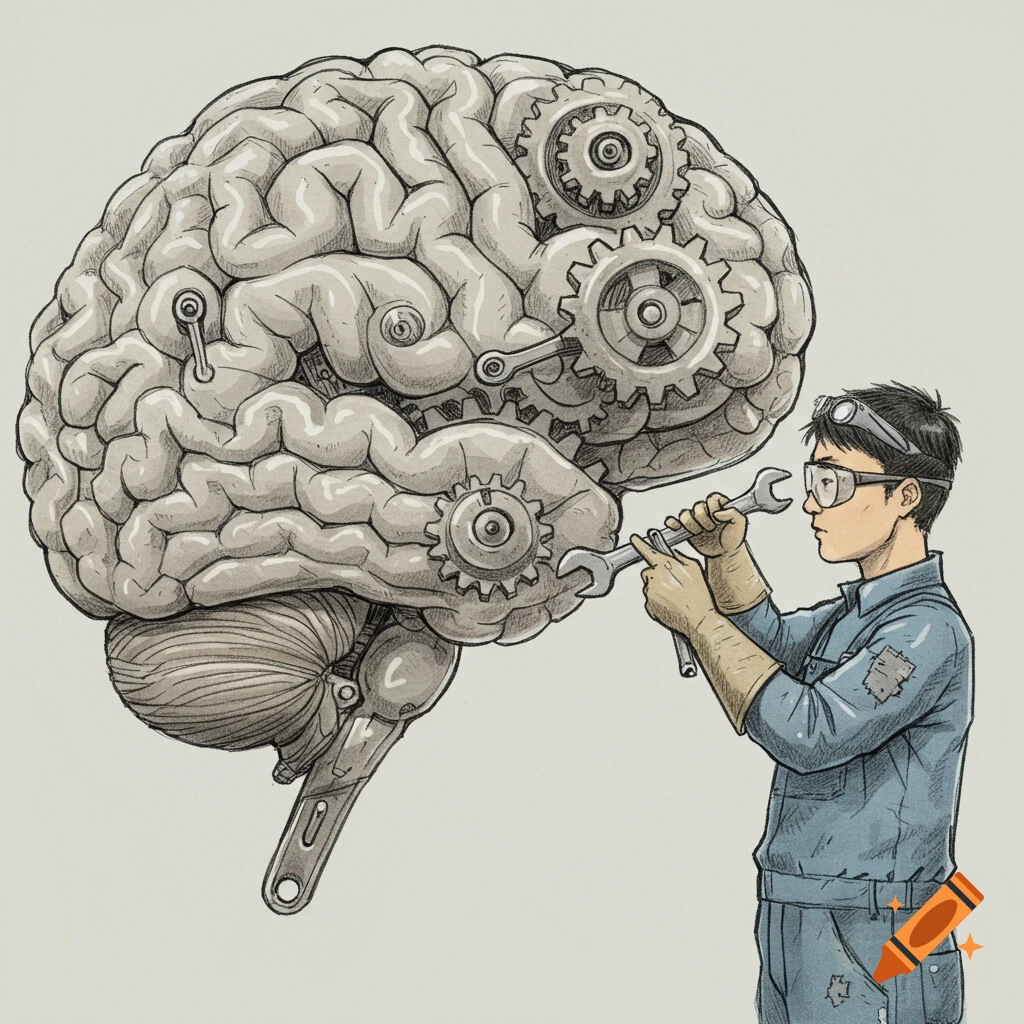 Sketch of a mechanic working on a brain made of gears