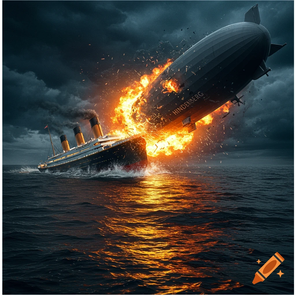 The Titanic and Hindenberg collide in a fiery explosion over the ocean during a storm.