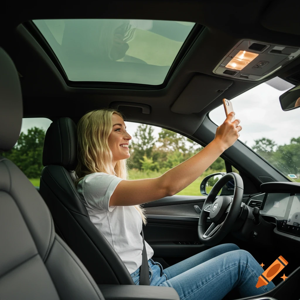 Blonde woman taking a selfie while driving a car.