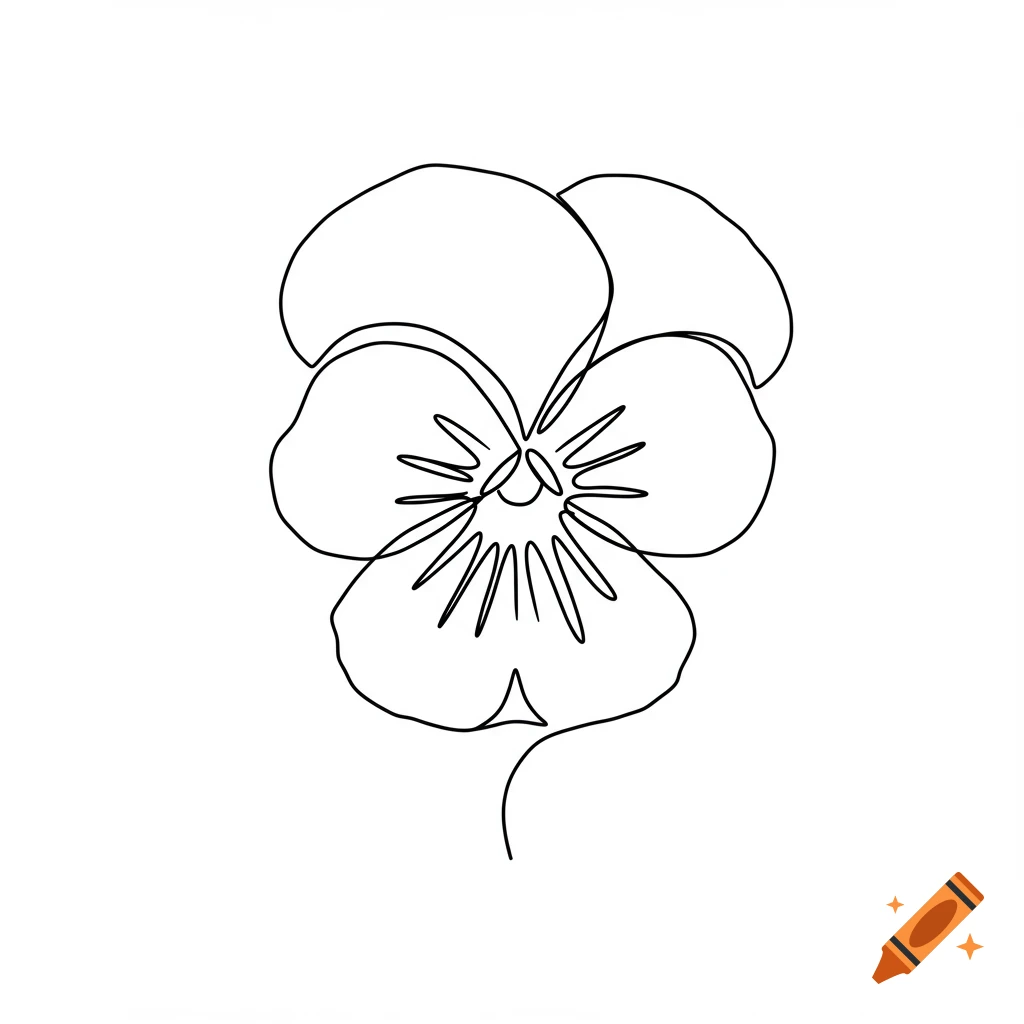 A simple black line drawing of a pansy flower.
