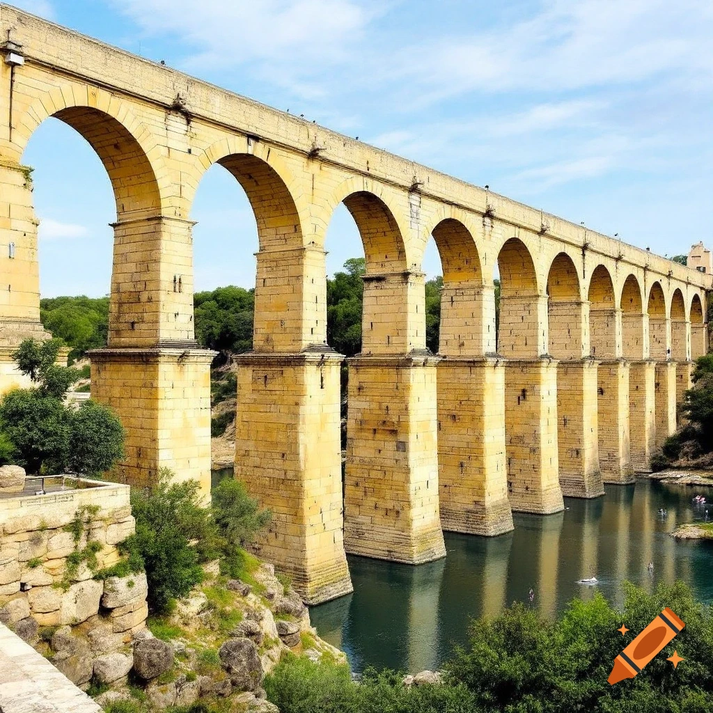 A large stone aqueduct with many arches spans a river flowing through a green landscape under a blue sky.