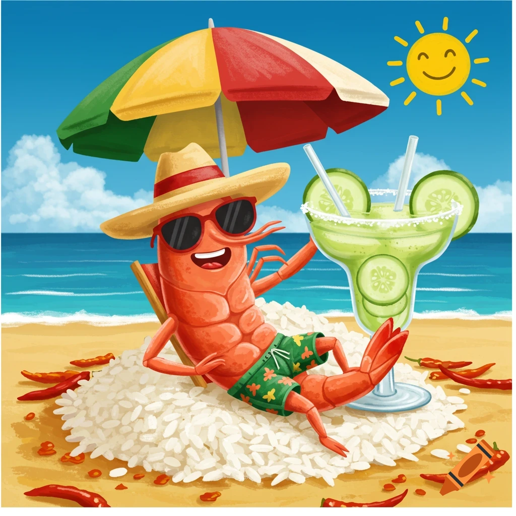 Cartoon shrimp relaxing on a beach made of rice, holding a margarita