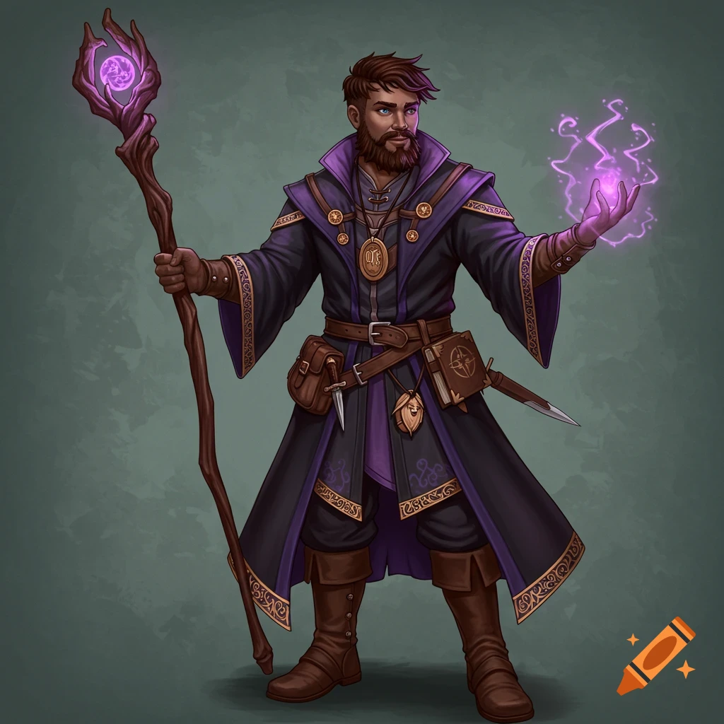 Young illusion wizard holding staff, casting purple magic, wearing black and purple robe.