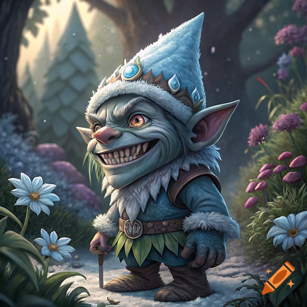 Stylized fantasy art of a mean-looking gnome or goblin creature on a snowy forest path surrounded by flowers.