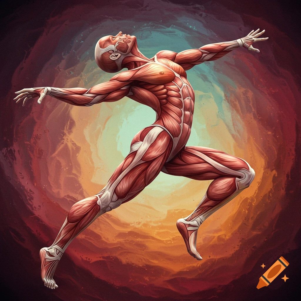 A dynamic anatomical illustration of a human figure revealing muscles and bones against a swirling, colorful background.
