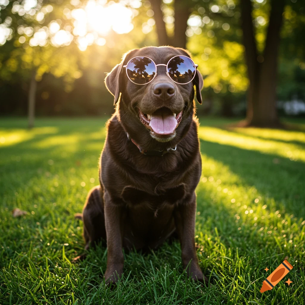 A chocolate Labrador Retriever sits in the grass wearing sunglasses in the sun.