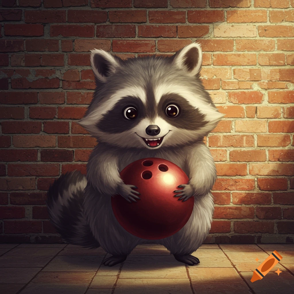 Cute cartoon raccoon holding a bowling ball in front of a brick wall.