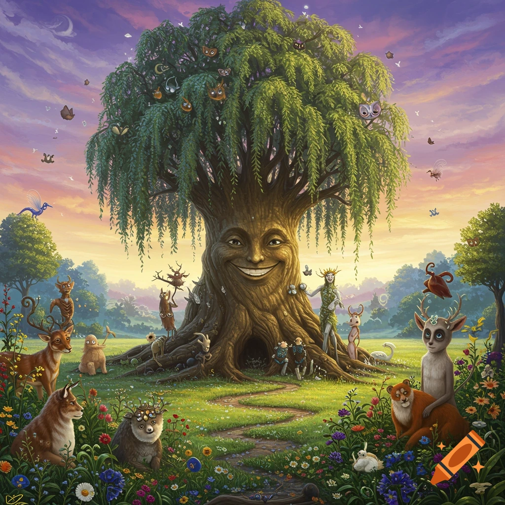 A vibrant fantasy illustration of a smiling willow tree surrounded by mystical creatures in a field.