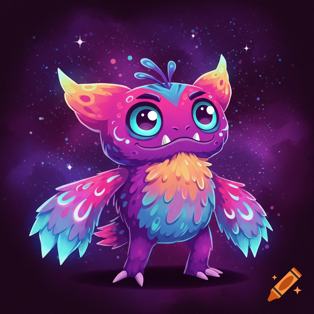 A colorful cartoon monster with large eyes and feathered arms stands against a purple galaxy background.