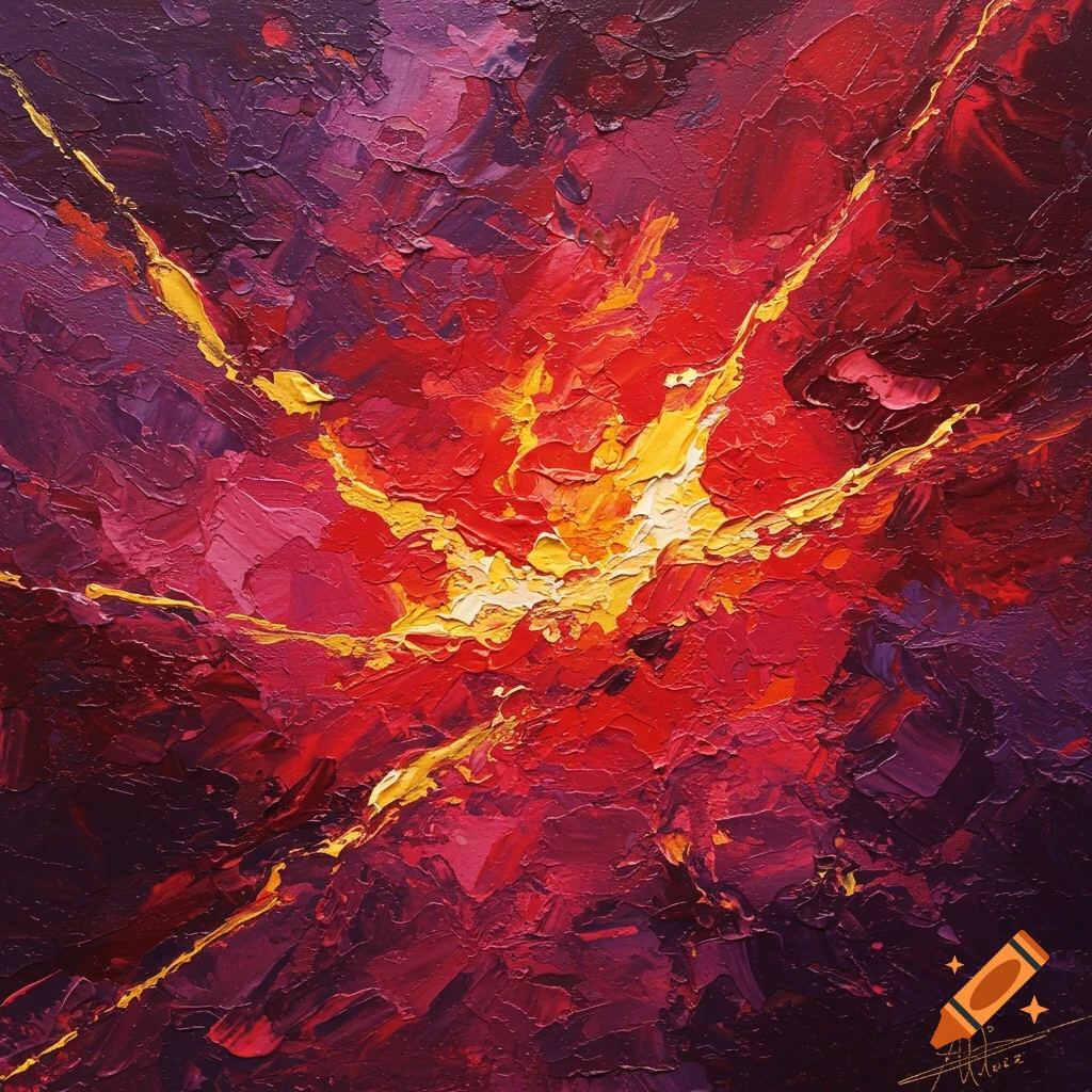 Abstract painting with thick red, purple, and yellow paint strokes.
