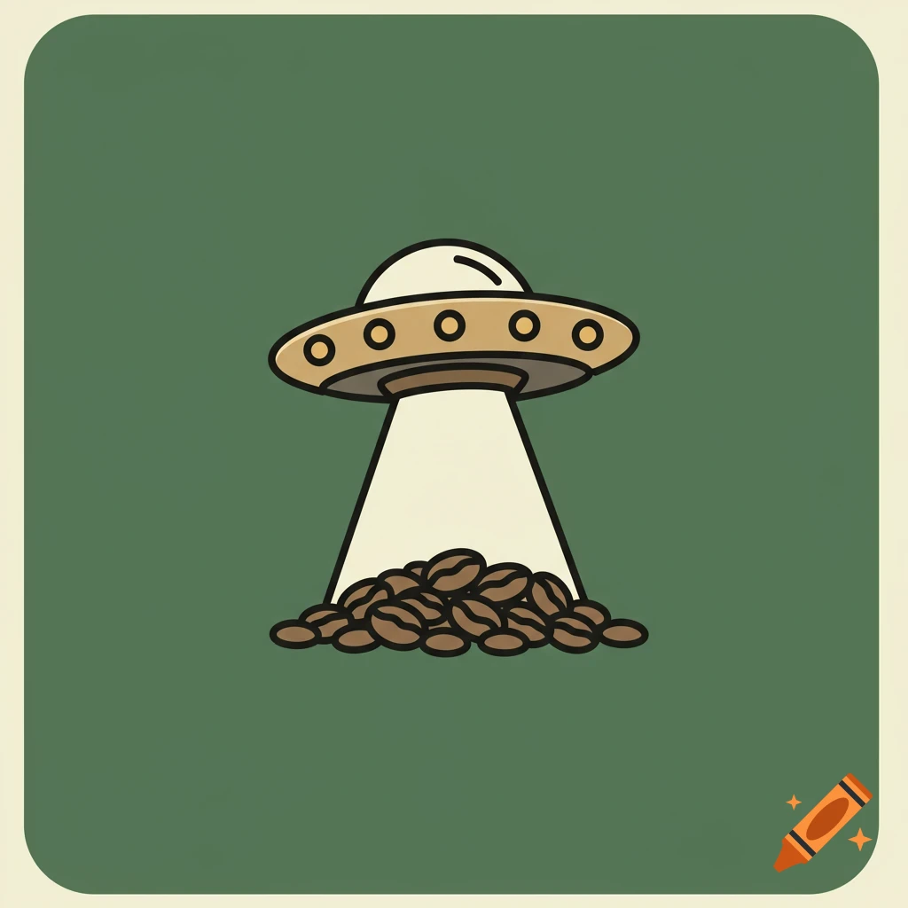 Retro illustration of a UFO beaming up coffee beans.