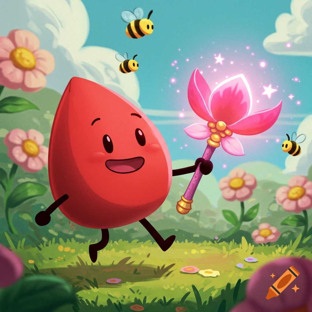 Cartoon red character walking through a field with bees and flowers, holding a glowing pink staff.