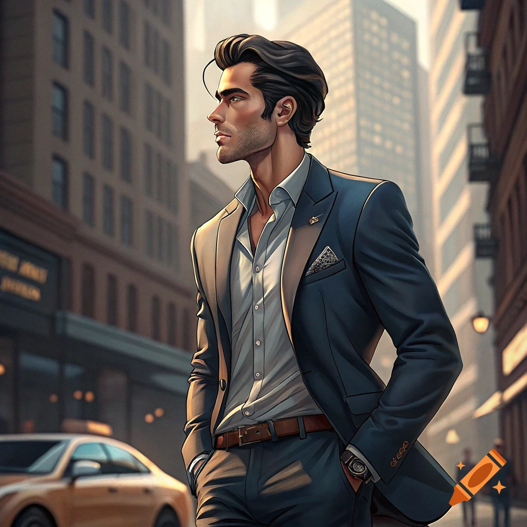 A man in a suit walks down a city street.