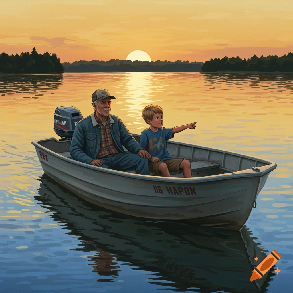 A grandfather and grandson are in a boat on a lake at sunset. The boy points towards the horizon.
