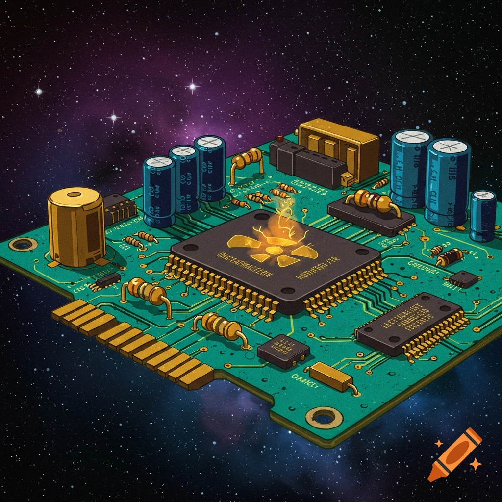 a detailed circuit board floating in starry space