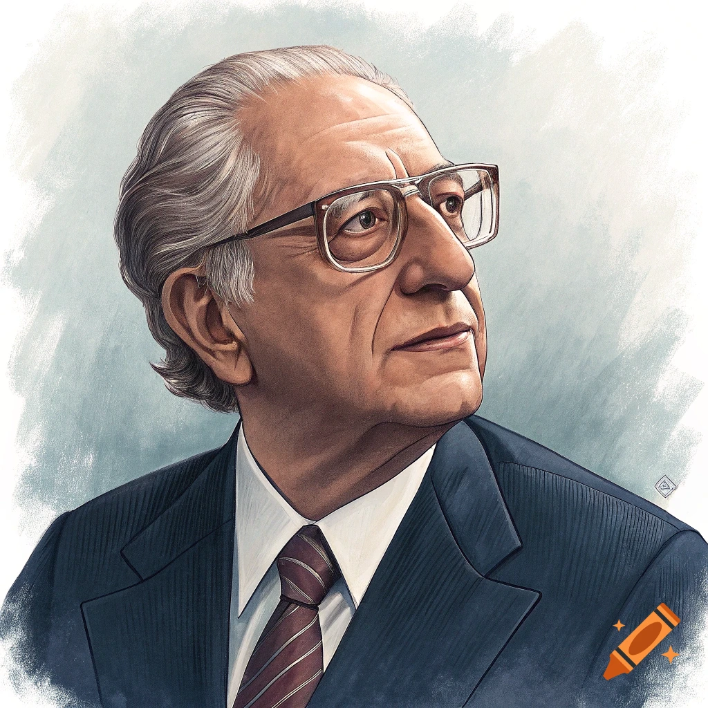 Illustrated portrait of a man in a suit and glasses looking up.