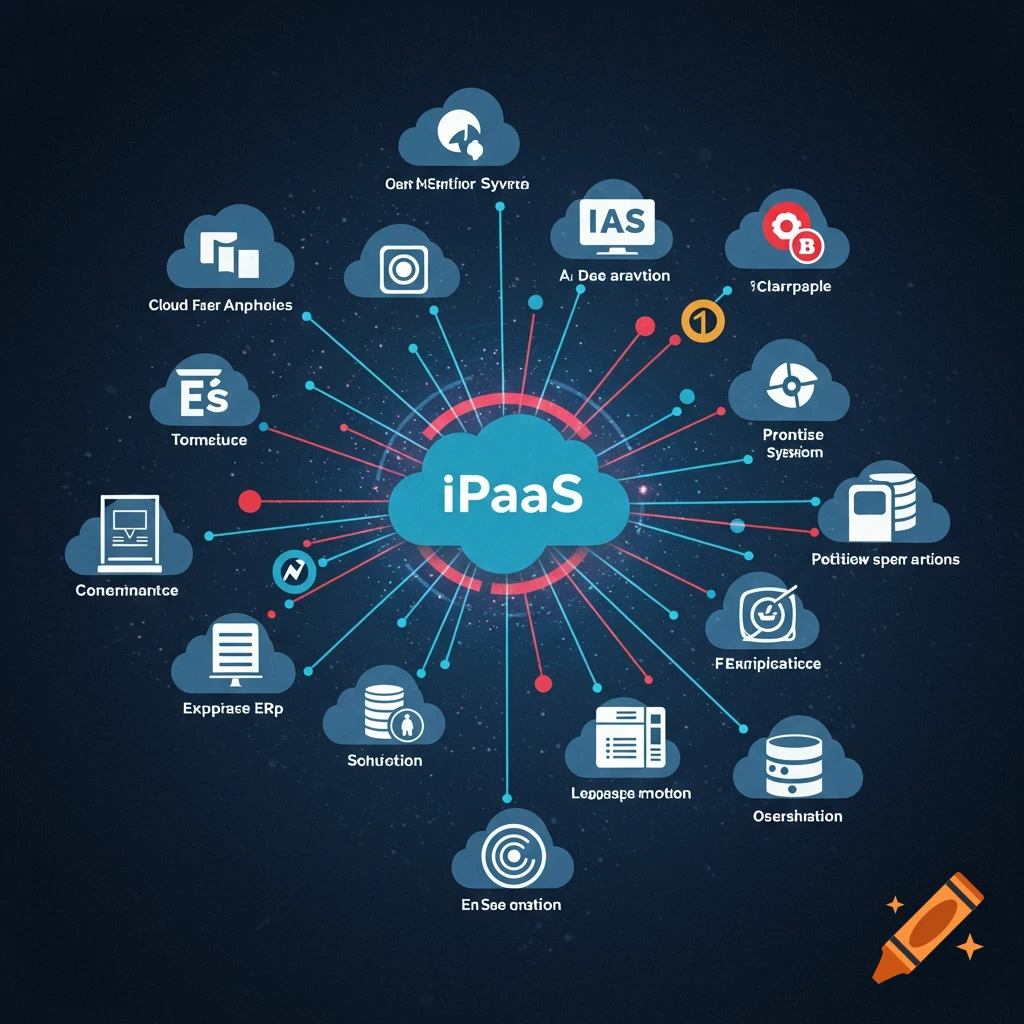 A diagram showing iPaaS (Integration Platform as a Service) connected to various technology icons representing components like clouds, databases, and servers.