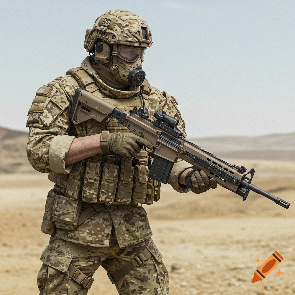 A soldier in arid camouflage and ballistic mask holds a rifle in a desert.