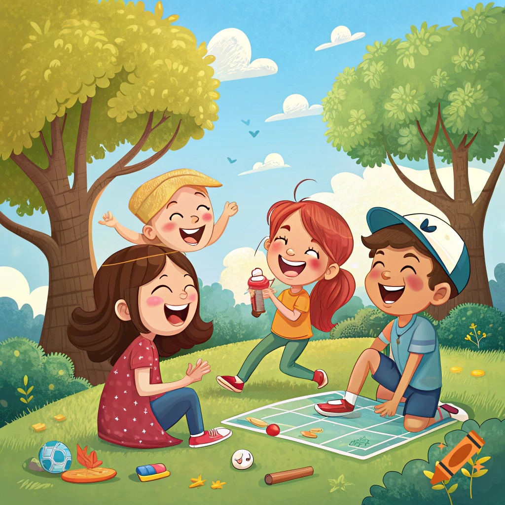 Happy cartoon children playing games in a sunny park