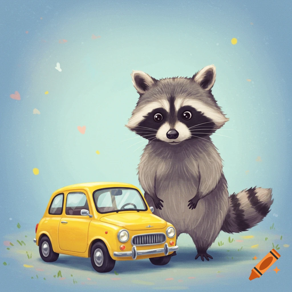 A cute raccoon standing next to a small yellow car