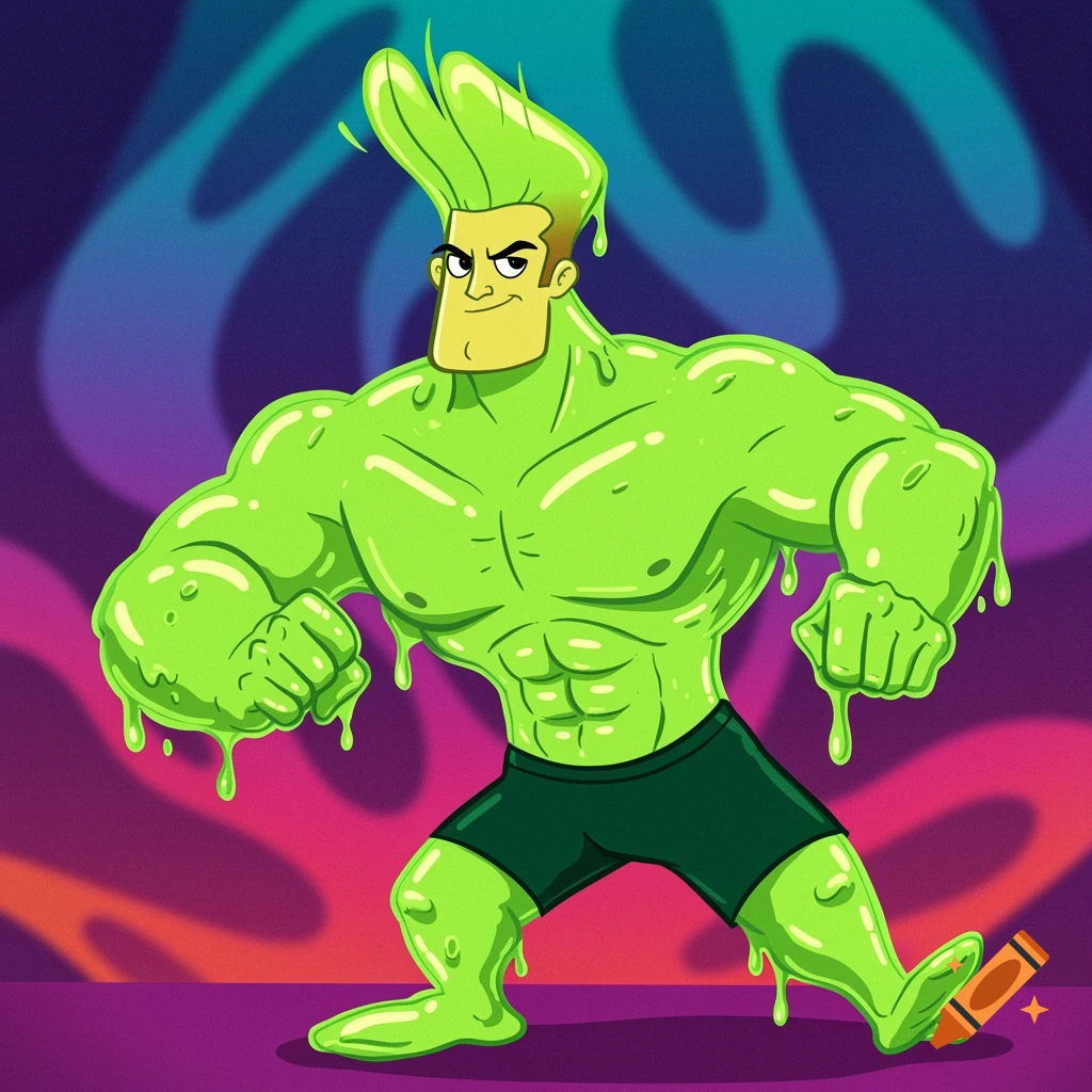 Cartoon illustration of a muscular, green slime creature resembling Johnny Bravo, posing against a psychedelic background.