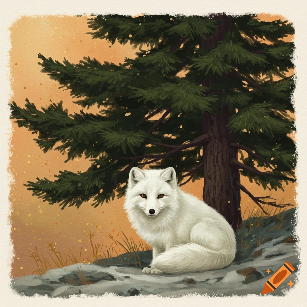A white fox sits under a large evergreen tree.