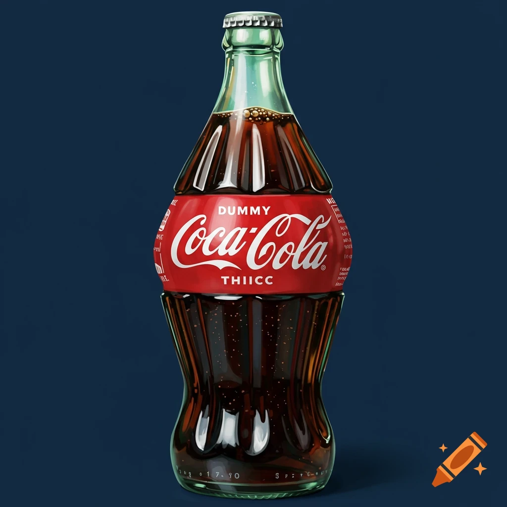 A digitally painted, distorted 'thicc' Coca-Cola bottle with 'Dummy' and 'THIICC' on the label against a blue background.