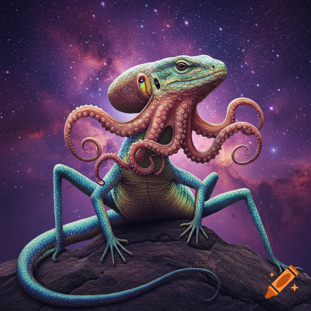 A lizard with an octopus head sits on a rock under a starry nebula sky.