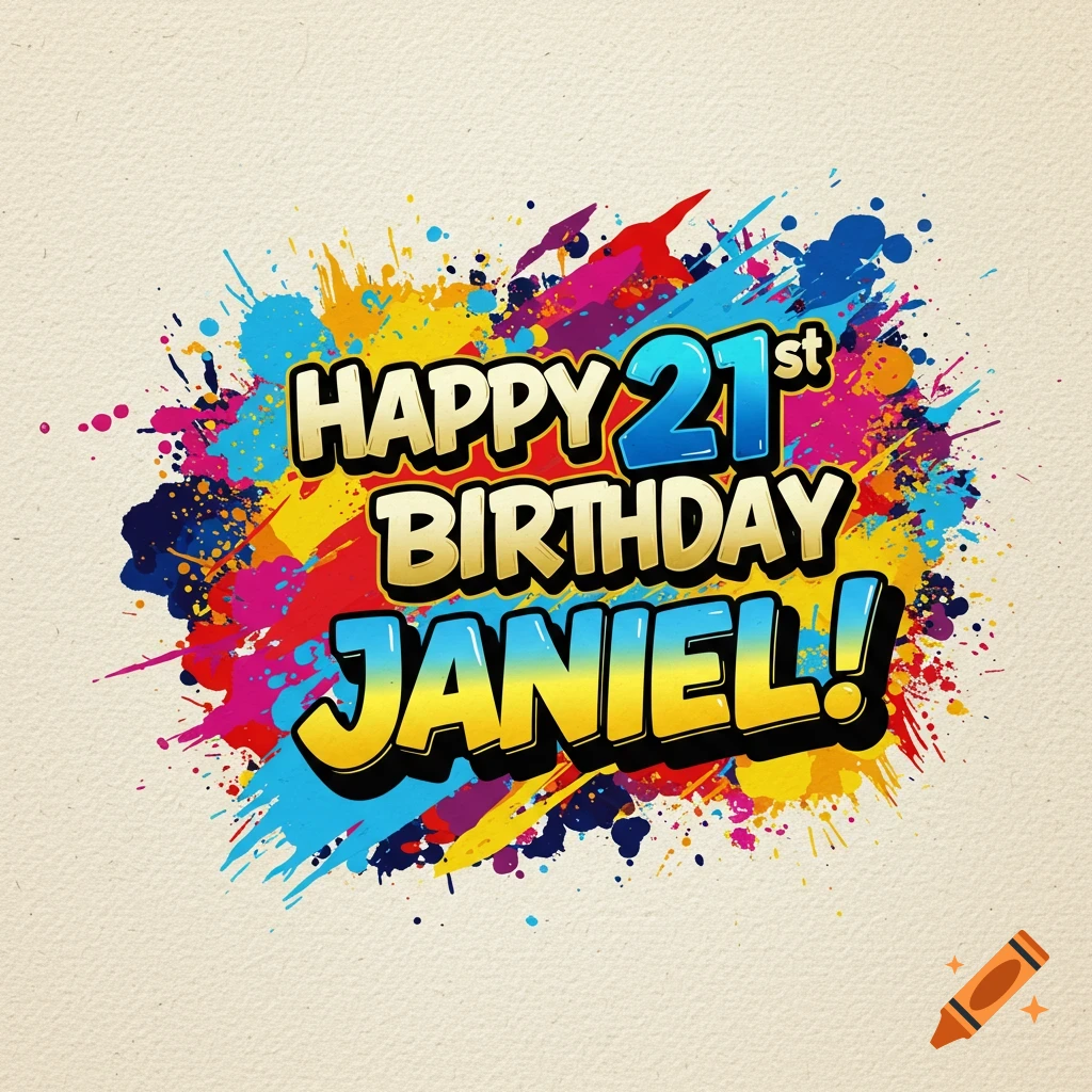 Colorful birthday banner with paint splatters and the text 'Happy 21st Birthday Janiel!'