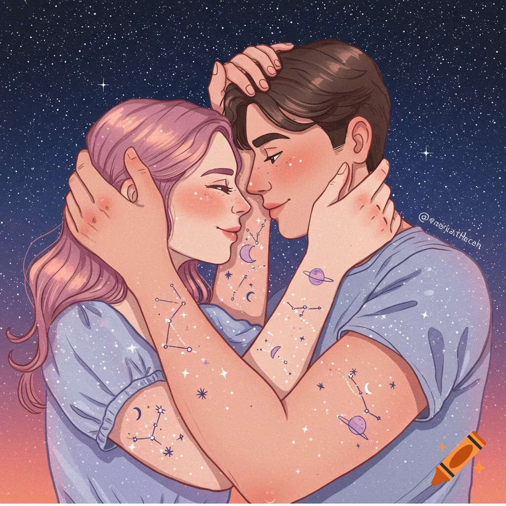 A couple with celestial tattoos embracing under a starry sky.