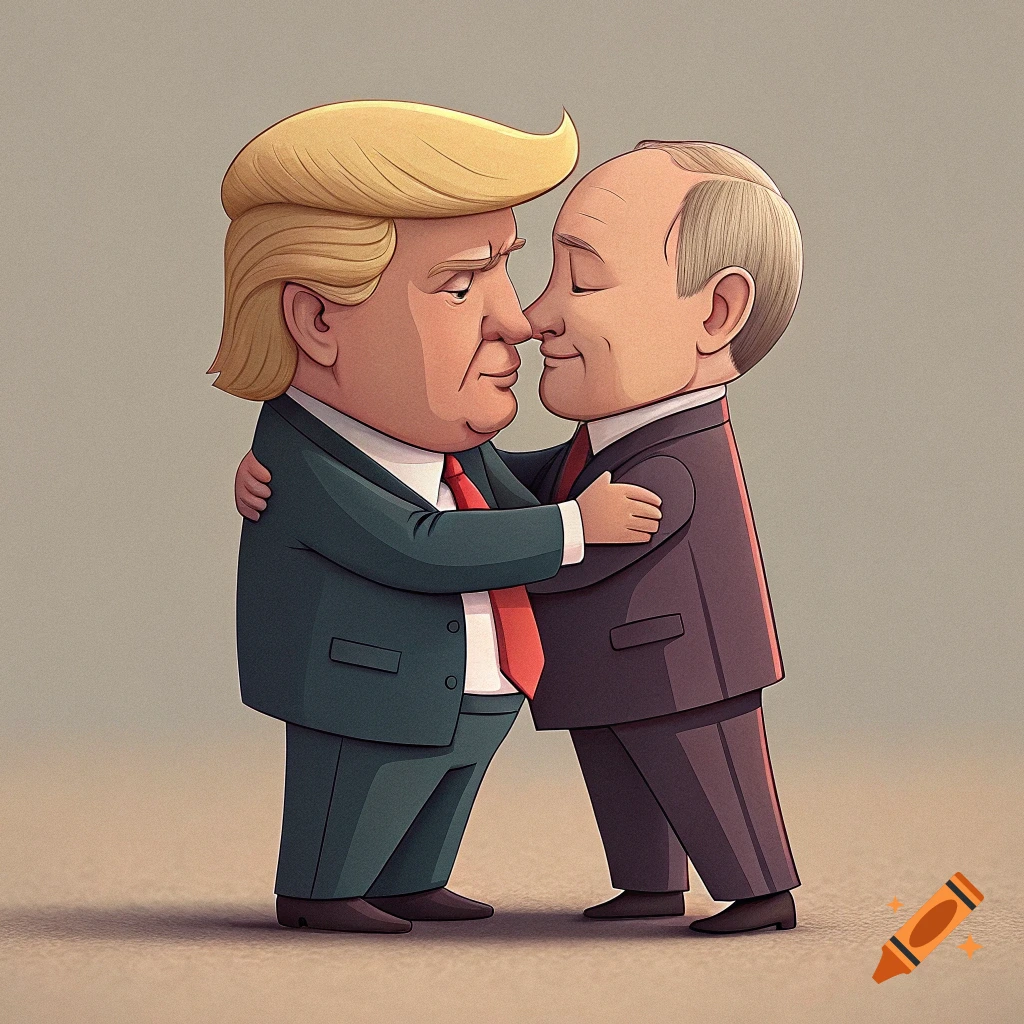 Cartoon caricatures of Donald Trump and Vladimir Putin hugging.