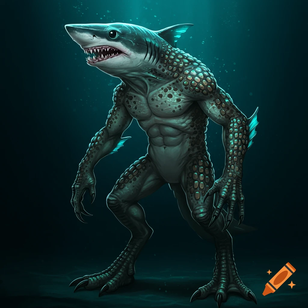 A bipedal shark gila monster hybrid stands in dark water.