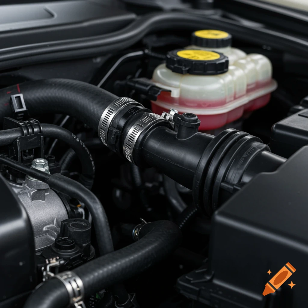 Close-up view of a car engine bay showing hoses and a fluid reservoir.