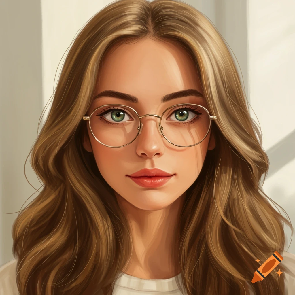 A woman with long brown hair, green eyes, and glasses, lit by sunlight
