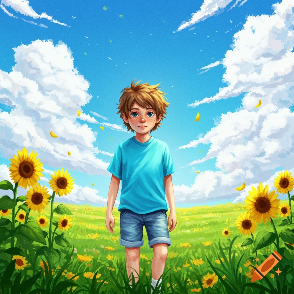 Young boy standing in a sunny field of sunflowers